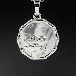 Хрусталь Природного кварца хрустальных подвесок, плоская круглая форма из латуни платинового цвета с подвесками в виде кролика, 25x10 мм