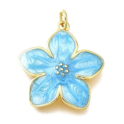 Светло-Голубой Латунь эмаль подвески, цветочный шарм, с целью перехода в кольце, без свинца и без кадмия, реальный 18 k позолоченный, стойки покрытие, прочное покрытие, Небесно-голубой, 23x21x3 мм, отверстие : 3 мм