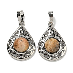 Пейзажный Джаспер Естественного изображения яшмы подвески, покрытие стойки латунные полые слезы подвески, без кадмия и без свинца, платина, 29.5x19.5x7.5 мм, отверстие : 7.5x5 мм