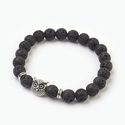 Lavastein Natürliche Lava Rock Perlen Stretch Armbänder, mit Legierung-Zubehör, Eule, Sackleinenverpackung, Antik Silber Farbe, 2-1/8 Zoll (5.3 cm), Tasche: 12x8.5x3cm