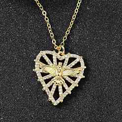 Настоящее золото 18K Латунные микропаве прозрачные кубические цирконии ожерелья с подвеской в виде птицы и сердца для женщин, реальный 18 k позолоченный, 17.64 дюйм (44.8 см)