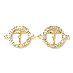 Настоящее золото 18K Стойка покрытие латунь кубический цирконий крест Иисус соединитель шарм, долговечный, без свинца и без кадмия, плоские круглые ссылки, реальный 18 k позолоченный, 18x25x2 мм, отверстие : 1.6 мм
