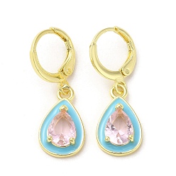 Pink Серьги-капли из настоящей позолоченной латуни 18k с подвесками на защелке, С эмалью и стеклом, розовые, 29x10 мм