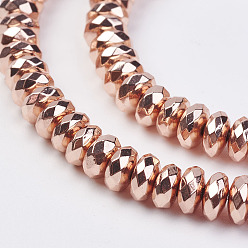 Гальванический Розовый Золотой Немагнитные синтетический гематит бисер пряди, граненые, рондель, покрытием из розового золота, 6x3 мм, отверстие : 1 мм, около 137 шт / нитка, 15.9 дюйм