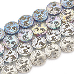 Mixed Color Electroplate Non-magnetic Synthetic Hematite Beads Strands, Flat Round with Tree of Life, Mixed Color, 12~12.5x4~4.5mm, Hole: 1mm, about 32pcs/strand, 16.14 inch