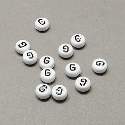 Letter G White and Black Acrylic Horizontal Hole Letter Beads, Flat Round with Letter.G, 7x4mm, Hole: 1.3mm, about 3600pcs/500g