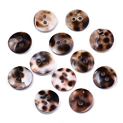 Coffee Natural Spiral Shell Buttons, 2-Hole, Imatation Leopard Print, Flat Round, Coffee, 12~13x1.5~3mm, Hole: 1.5mm