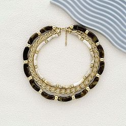 Золотой Изогнутая трубка из смолы и витая цепочка из пластика и сплава 3 ожерелья из слоев, кокосового коричневый, золотые, 18.58 дюйм (47.2 см)