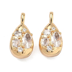 Настоящее золото 18K Латунные микропаве прозрачные подвески с фианитом, слезинки, реальный 18 k позолоченный, 18x9x3 мм, отверстие : 3x2 мм