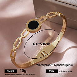 Flat Round 304 Stainless Steel Black Enamel Hinged Cuff Bangles for Women, Golden, Flat Round, Inner Diameter: 2.36 inch(6cm)