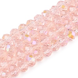 Pink Стеклянные бусины с гальваническим покрытием , с половиным покрытием цвета радуги, граненые, рондель, розовые, 6x5 мм, отверстие : 1 мм, около 80~85 шт / нитка, 38~40 см