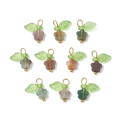 (RRHB277) Кристалл на подкладке из медово-бежевого цвета 10шт. подвески-цветы из натурального индийского агата, с прозрачным акриловым светло-зеленым листом и петлями из медной проволоки, золотые, 13~13.5x11.5x3.5 мм, отверстие : 2.5x3 мм