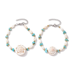 Синтетическая Бирюза Летние пляжные браслеты из натуральной оболочки глаз Шивы со звеньями, Женские браслеты из синтетической бирюзы и натуральных трубчатых бусин, 7-1/4~7-3/8 дюйм (18.4~18.7 см)