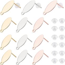 Mixed Color 30Pcs 3 Colors 304 Stainless Steel Stud Earring Findings, with Loop and Flat Plate, Oval, with 50Pcs Plastic Ear Nuts, Mixed Color, 15x7x0.8mm, Hole: 1mm, Pin:0.8mm, 10pcs/color
