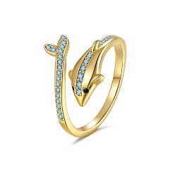 Золотой Открытые кольца манжеты из латуни с микропаве и кубическим цирконием, дельфин, золотые, размер США 4 1/4(15мм)~20мм