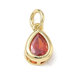 Orange Red Brass Pave Cubic Zirconia Charms, Teardrop Charms, Single Stone Charms, Long-Lasting Plated, Rack Plating, Lead Free & Cadmium Free, Real 18K Gold Plated, Orange Red, 12x8x5mm, Hole: 4mm