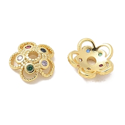 Зеленый Покрытие стойки латунные микропаве колпачки из кубического циркония, долговечный, без свинца и без кадмия, цветок, реальный 18 k позолоченный, зелёные, 7x8x2.5 мм, отверстие : 1.4 мм