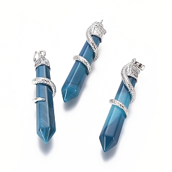 Полосатый Агат Большие подвески из натурального полосатого агата / полосатого агата, с латунной фурнитурой , змея с бриллиантом, окрашенные, Платиновый металл, стальной синий, 60x12 мм, отверстие : 5x7 мм