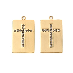 Black Diamond 304 Stainless Steel Rhinestone Pendants, Rectangle with Cross Pattern Charms, Ion Plating(IP), Real 18K Gold Plated, Black Diamond, 22x13x1.5mm, Hole: 1.5mm