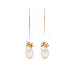 White Dangle Stud Earrings, with  Real 18K Gold Plated Brass Beads, ABS Plastic Imitation Pearl Beads, Brass Stud Earring Findings and Plastic Ear Nuts, Nuggets, White, 102mm, Pin: 0.8mm
