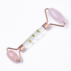 Rose Gold Natural Rose Quartz Massage Tools, Facial Rollers, with K9 Glass & Dried Flower Handle & Zinc Alloy Findings, Rose Gold, 145x57x20.5mm