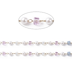 Lavender Cube & Round Glass & ABS Imitation Pearl Beaded Chains, Unwelded, with 304 Stainless Steel Link Chains, Golden, Lavender, 2.5~3x2.5~3x2.5mm