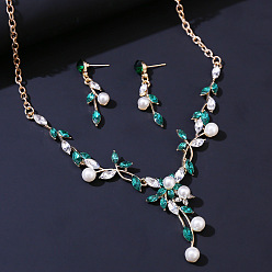 Изумруд Комплекты из ожерелий с подвесками из сплава листьев, страз и пластикового жемчуга и серег-гвоздиков, изумруд, 480 мм