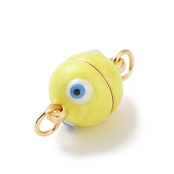 Yellow Brass Magnetic Clasps, with Enamel, Round with Evil Eye, Real 18K Gold Plated, Yellow, 16x10mm, Hole: 3mm