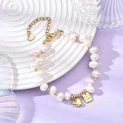 Настоящее золото 18K Латунь шарм браслеты, Браслеты из натурального культивированного пресноводного жемчуга для женщин, сердце и прямоугольник со словами удачи, с 201/304 нержавеющей стали, реальный 18 k позолоченный, 7-1/8 дюйм (18 см)