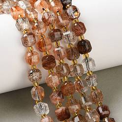 Rutilated Quartz Natural Black Gold Rutilated Quartz Beads Strands, Faceted Table Cut Cube Beads, with Seed Beads, 6.5~7x6.5~7x6.5~7mm, Hole: 1mm, about 41~42pcs/strand, 15.16~15.39''(38.5~39.1cm)