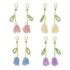 (52) Непрозрачная лаванда 4 пара 4 цвета семени плетеный цветок тюльпана висят серьги с защелкой, длинные серьги-подвески из настоящей позолоченной латуни 18k для женщин, разноцветные, 80 мм, штифты : 0.8 мм, 1 пара / цвет