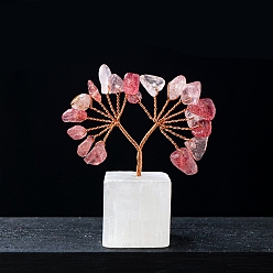 Клубничный Кварц Натуральная клубничная кварцевая крошка, украшения «Древо жизни», на натуральной селенитовой основе, Медная проволока, энергетический камень фэн-шуй, подарок для женщин и мужчин, медитация, 60~65 мм