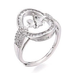 Платинированный Овальные латунные микропаве прозрачные кубические цирконии регулируемые настройки колец, за половину пробурено бисера, без кадмия, без никеля и без свинца, Реальная платина, штифты : 0.9 мм, 18.1 мм, размер США 6 1/2 (16.9 мм)