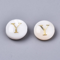 Letter Y Natural Freshwater Shell Beads, with Golden Plated Brass Etched Metal Embellishments, Flat Round, Seashell Color, Letter.Y, 8x3~5mm, Hole: 0.5~07mm