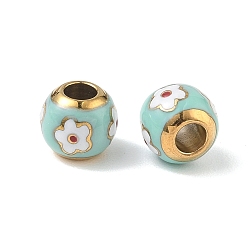 Бледно-бирюзовый 304 эмаль нержавеющей стали европейские шарики, ионное покрытие (ip), золотые, круглые с цветочным узором, бледные бирюзовая, 10x9 мм, отверстие : 4 мм