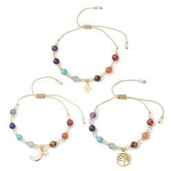 Смешанные камни 3шт. чакра 304 браслеты с подвесками из нержавеющей стали, регулируемые браслеты из круглых бусин из натуральных и синтетических смешанных драгоценных камней для женщин, внутренний диаметр: 1-1/4~3 дюйм (3.2~7.7 см)