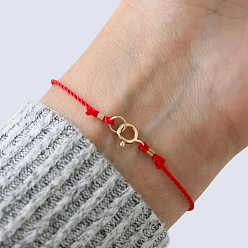 Red Good Lock Polyester String Bracelets with Brass Spring Ring Clasps for Women, Golden, Red, 6.50 inch(16.5cm)