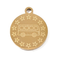 Oro 304 colgantes de acero inoxidable, Plano redondo con dijes de autobús y estrella, pulido a mano, revestimiento de iones (ip), dorado, 17x15x1.4 mm, agujero: 1.8 mm