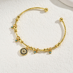 Flat Round Golden Brass Open Cuff Bangles, with Cubic Zirconia Evil Eye Charms for Women, Flat Round, Inner Diameter: 2-3/8~2-3/4 inch(6~7cm) 