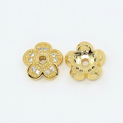 Настоящее золото 18K 5 -petal латунные микро проложить четкие кубического циркония крышки шарика,, без кадмия, без никеля и без свинца, реальный 18 k позолоченный, 9x9x3 мм, отверстие : 1.5 мм