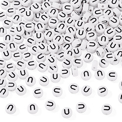 Letter U 500шт акриловые бусины, с горизонтальным отверстием, буквы, плоско-круглые, Буква U, 7x4 мм, отверстие : 1 мм