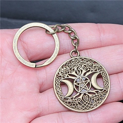 Античная Бронза Металлические брелки, плоские круглые с дерева жизни, звезда и луна, античная бронза, 3.9x3.5 см