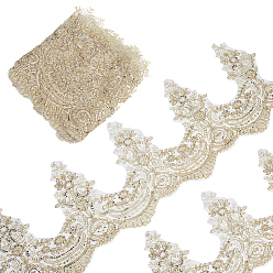 Gold 5Yards Polyester Flower Lace Ribbon, Flower Trimming for Wedding Dress Decoration, with Sequin, Gold, 9-1/2 inch(240mm)