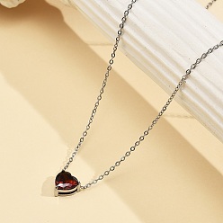 Нержавеющая Сталь Цвет 304 Женские ожерелья с подвеской в форме сердца из нержавеющей стали с темно-красным кубическим цирконием, цвет нержавеющей стали, 16.77 дюйм (42.6 см)