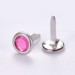 Hot Pink Iron Brads, with Acrylic Rhinestone, For Scrapbooking, Photo Album, DIY Paper Cards Decoration, Platinum, Hot Pink, 14mm, Flat Round: 8x1.5mm