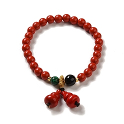 Others 6mm Round Cinnabar Mala Stretch Bracelets, with Synthetic Malachite and Natural Agate, Gourd, Inner Diameter: 2 inch(4.95~5.1cm)