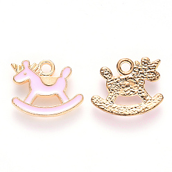 Pink Подвески из эмали и сплава, троянский конь, золотой свет, розовые, 13x16x1.5 мм, отверстие : 1.8 мм