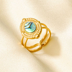 Настоящее золото 18K 304 Открытые кольца-манжеты из нержавеющей стали с натуральными ракушками для женщин, овальные, реальный 18 k позолоченный, 18 мм, внутренний диаметр: 17 мм