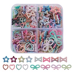 Mixed Color 220Pcs 4 Styles Rainbow ABS Plastic Imitation Pearl Linking Rings, Gradient Mermaid Pearl, Heart & Bowknot & Star, Mixed Color, 11~18.5x9~12x2mm, 220pcs/box