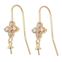Real 18K Gold Plated Brass Micro Pave Cubic Zirconia Earring Hooks, for Half Drilled Beads, Long-Lasting Plated, Flower, Clear, Real 18K Gold Plated, 25mm, 21 Gauge, Pin: 0.7mm